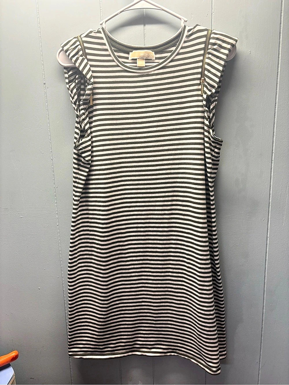 Michael Kors Striped Sleeveless Dress with Zipper Sleeve Detail Mini Dress Olive